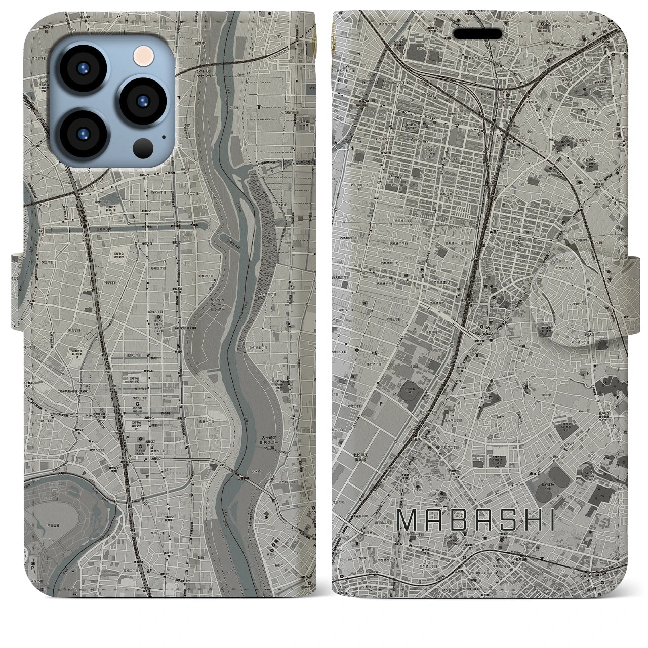 【馬橋(千葉県)】地図柄iPhoneケース(手帳タイプ)モノトーン・iPhone 13 Pro Max 用
