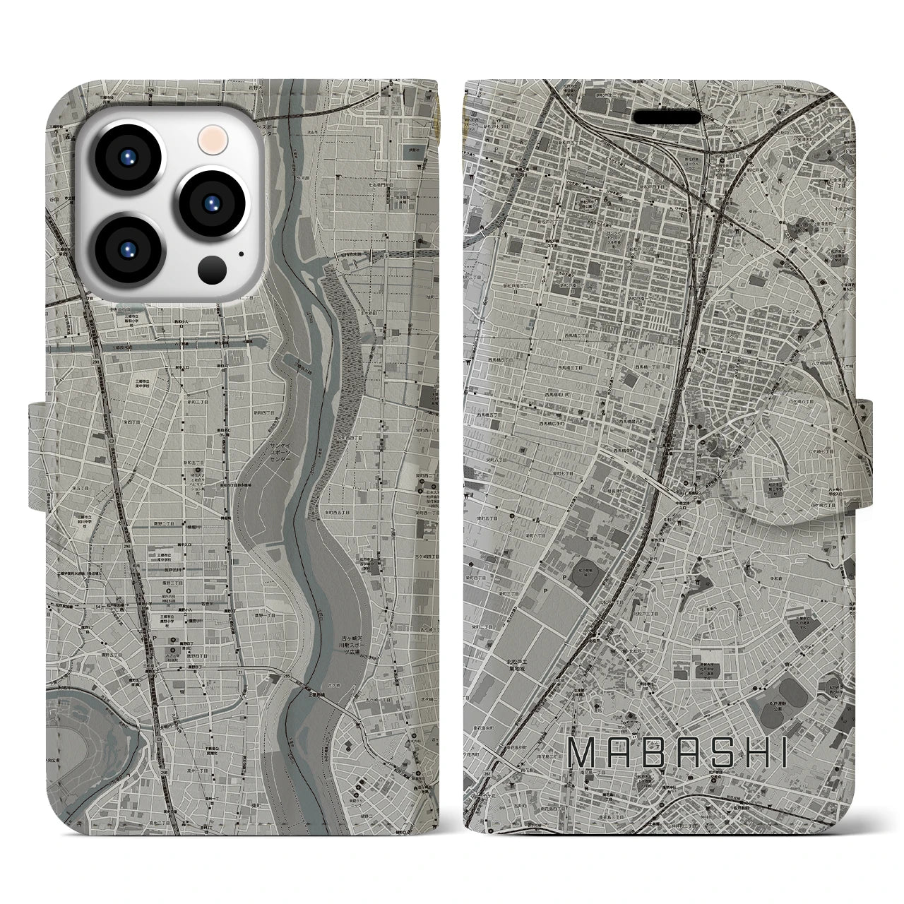 【馬橋(千葉県)】地図柄iPhoneケース(手帳タイプ)モノトーン・iPhone 13 Pro 用