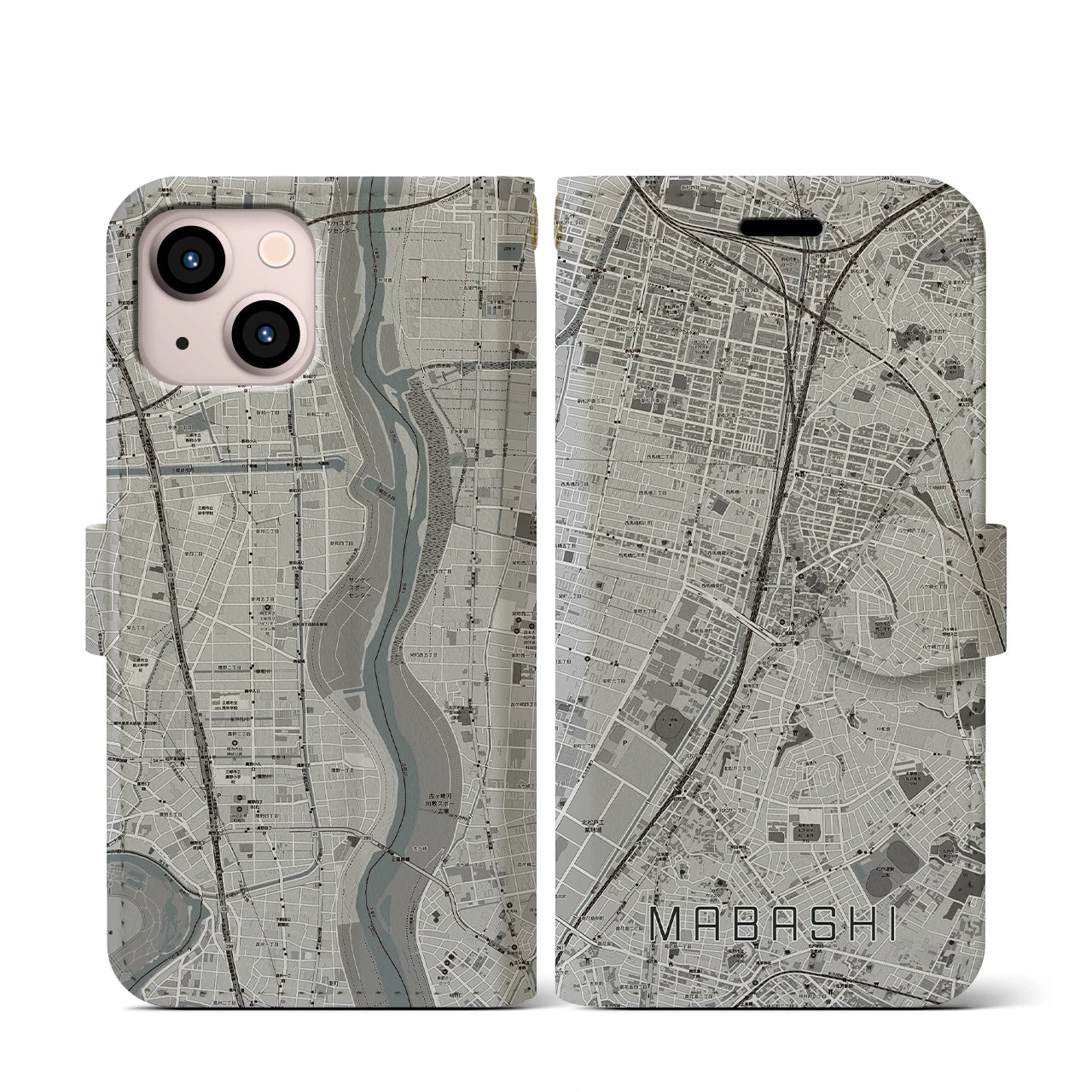 【馬橋(千葉県)】地図柄iPhoneケース(手帳タイプ)モノトーン・iPhone 13 mini 用