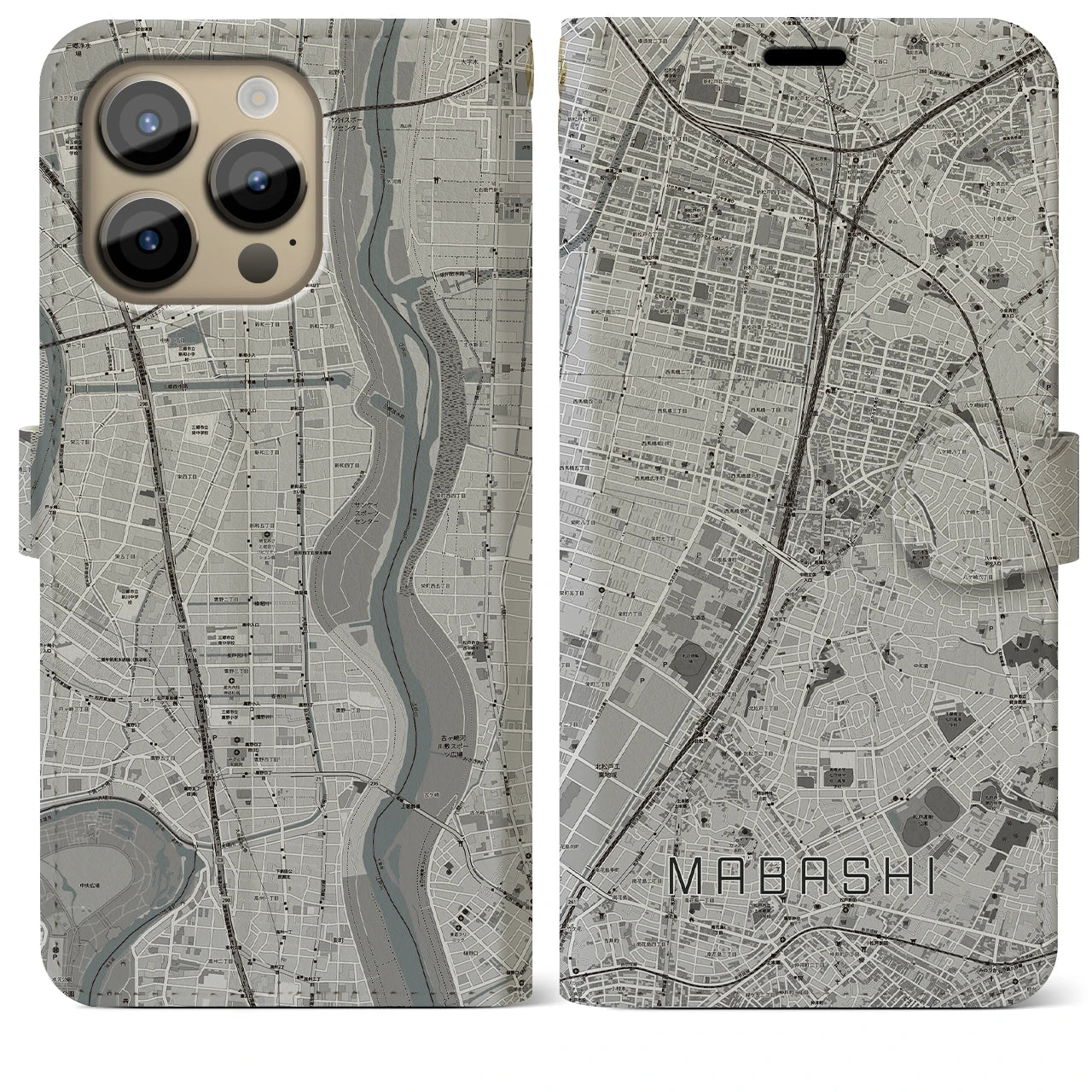 【馬橋(千葉県)】地図柄iPhoneケース(手帳タイプ)モノトーン・iPhone 14 Pro Max 用