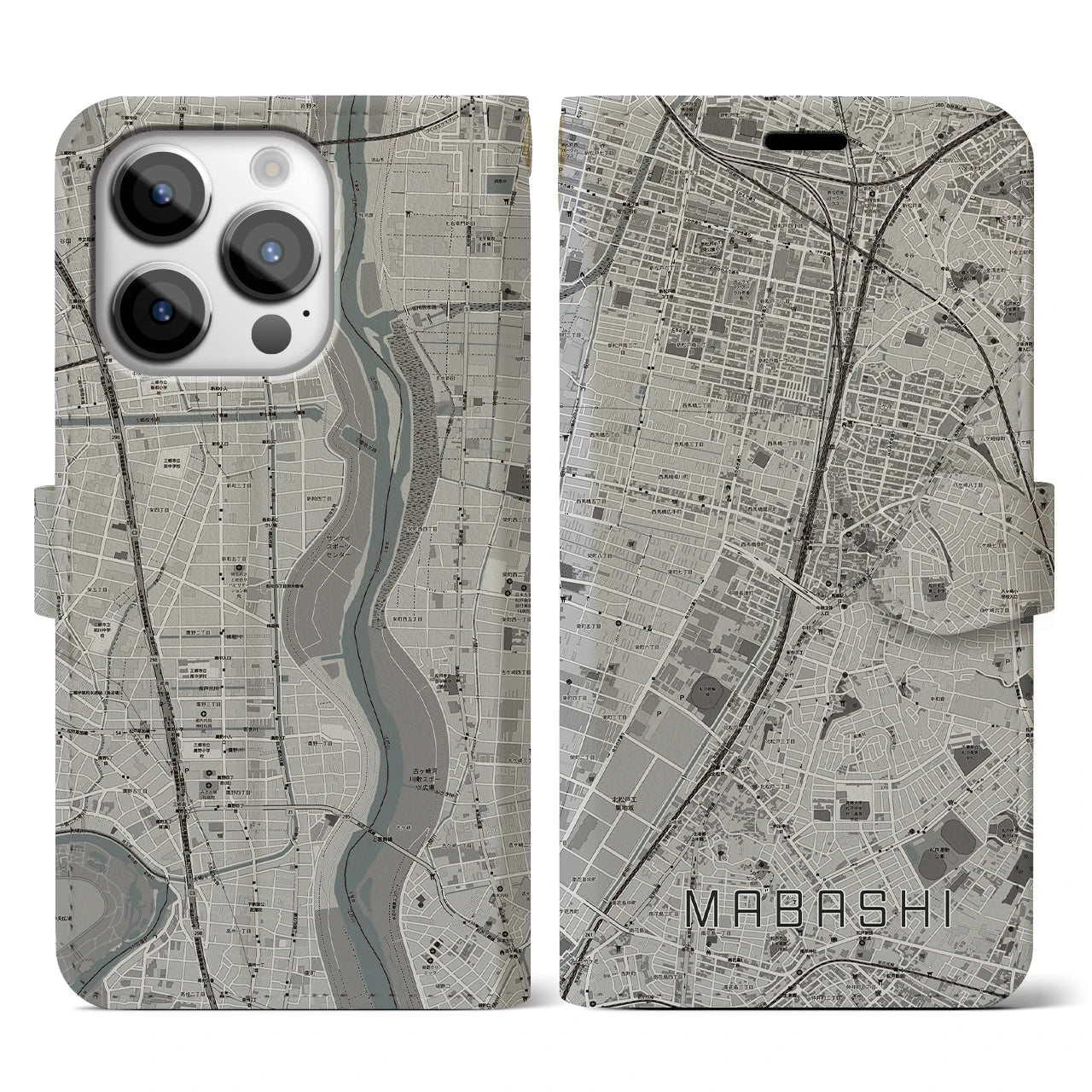 【馬橋(千葉県)】地図柄iPhoneケース(手帳タイプ)モノトーン・iPhone 14 Pro 用