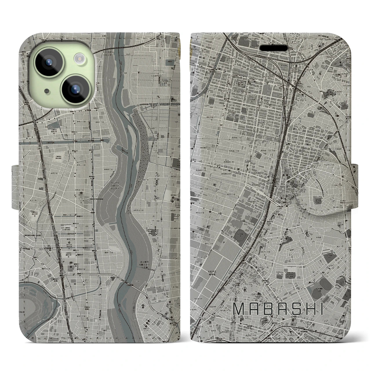【馬橋(千葉県)】地図柄iPhoneケース(手帳タイプ)モノトーン・iPhone 15 用