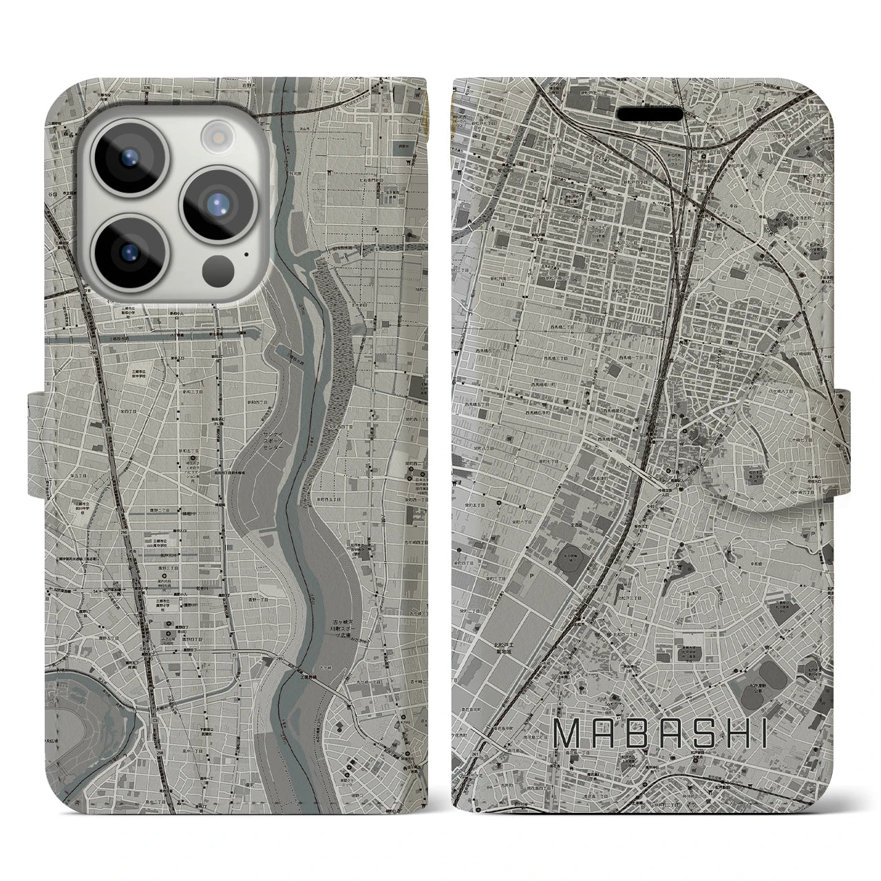 【馬橋(千葉県)】地図柄iPhoneケース(手帳タイプ)モノトーン・iPhone 15 Pro 用