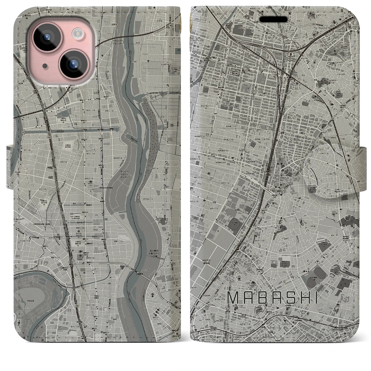 【馬橋(千葉県)】地図柄iPhoneケース(手帳タイプ)モノトーン・iPhone 15 Plus 用