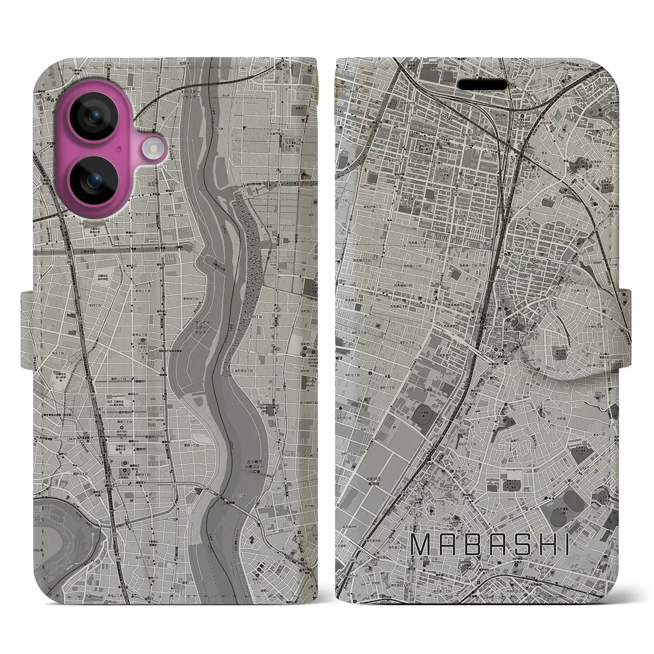 【馬橋(千葉県)】地図柄iPhoneケース(手帳タイプ)モノトーン・iPhone 16 Pro 用