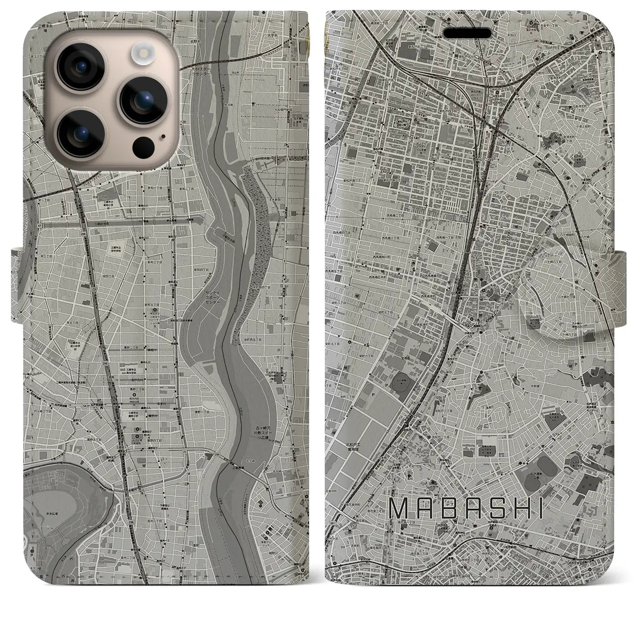 【馬橋(千葉県)】地図柄iPhoneケース(手帳タイプ)モノトーン・iPhone 16 Plus 用