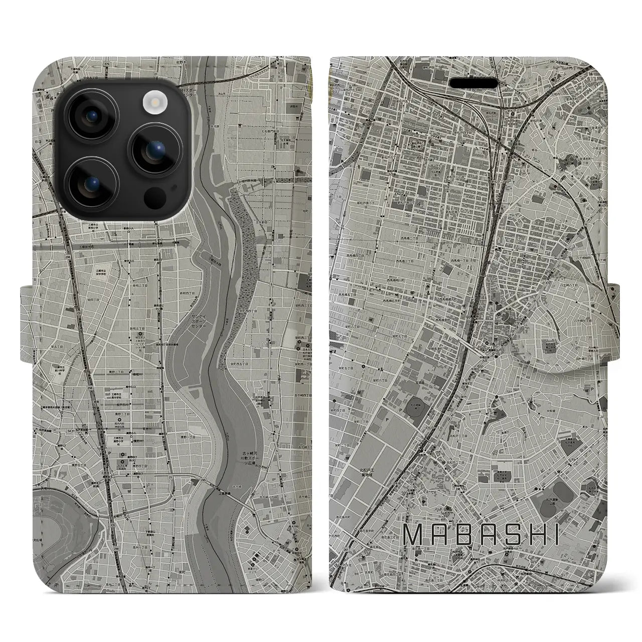 【馬橋(千葉県)】地図柄iPhoneケース(手帳タイプ)モノトーン・iPhone 16 用
