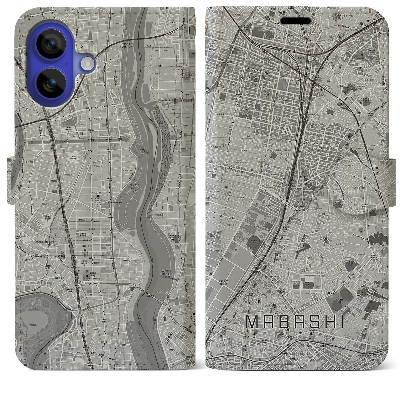 【馬橋(千葉県)】地図柄iPhoneケース(手帳タイプ)モノトーン・iPhone 16 Pro Max 用