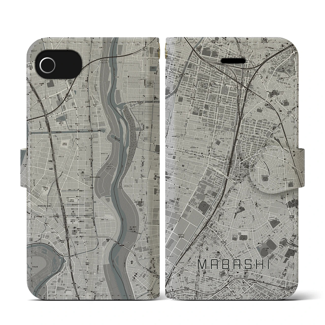 【馬橋(千葉県)】地図柄iPhoneケース(手帳タイプ)モノトーン・iPhone SE(第3 / 第2世代) / 8 / 7 / 6s / 6 用