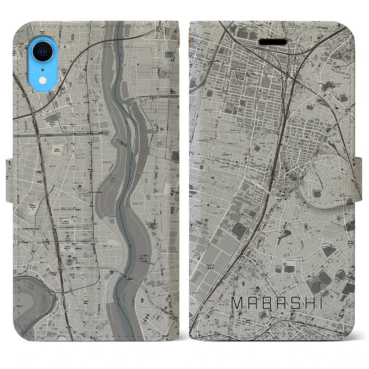 【馬橋(千葉県)】地図柄iPhoneケース(手帳タイプ)モノトーン・iPhone XR 用
