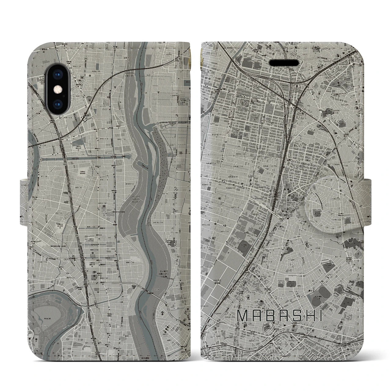 【馬橋(千葉県)】地図柄iPhoneケース(手帳タイプ)モノトーン・iPhone XS / X 用