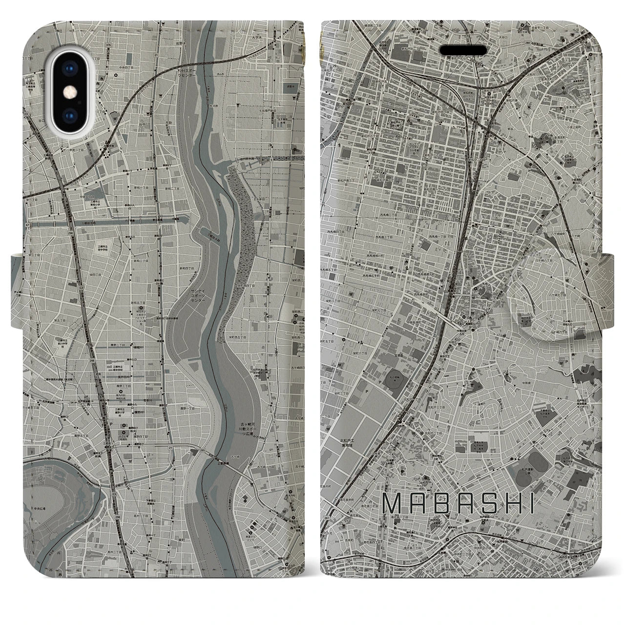 【馬橋(千葉県)】地図柄iPhoneケース(手帳タイプ)モノトーン・iPhone XS Max 用