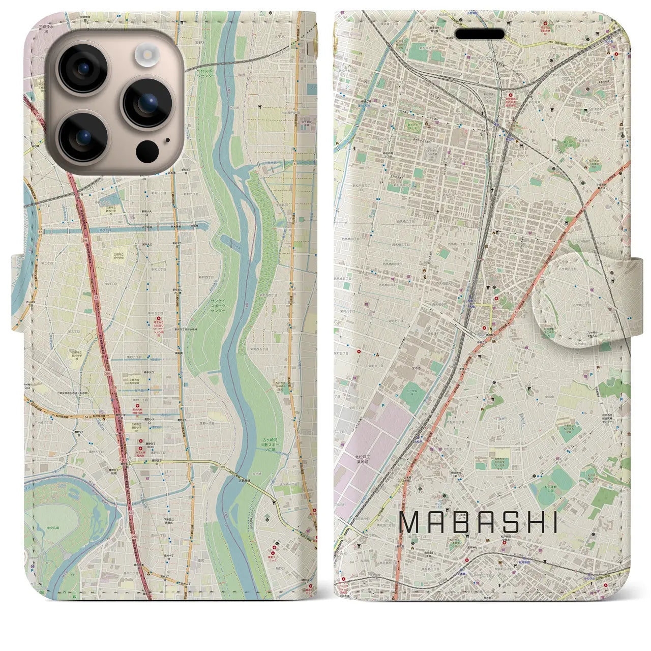 【馬橋(千葉県)】地図柄iPhoneケース(手帳タイプ)ナチュラル・iPhone 16 Plus 用