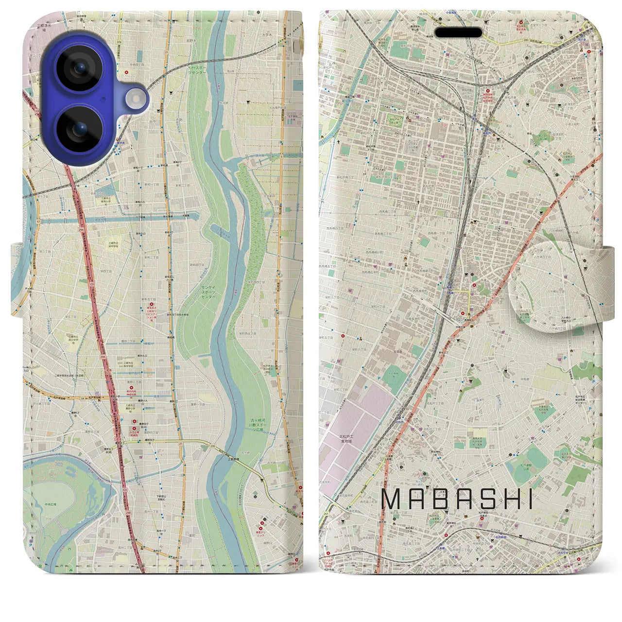 【馬橋(千葉県)】地図柄iPhoneケース(手帳タイプ)ナチュラル・iPhone 16 Pro Max 用