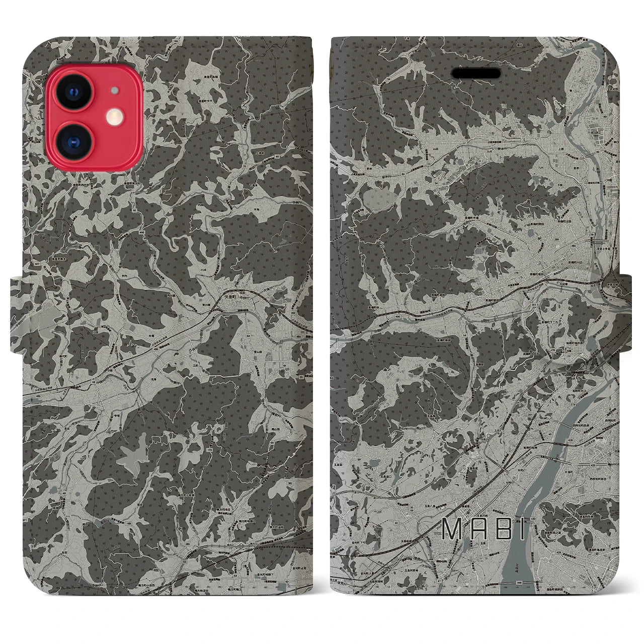 【真備(岡山県)】地図柄iPhoneケース(手帳タイプ)モノトーン・iPhone 11 用