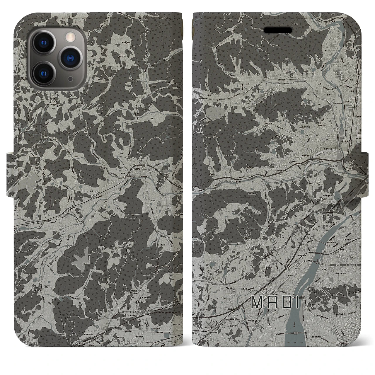 【真備(岡山県)】地図柄iPhoneケース(手帳タイプ)モノトーン・iPhone 11 Pro Max 用