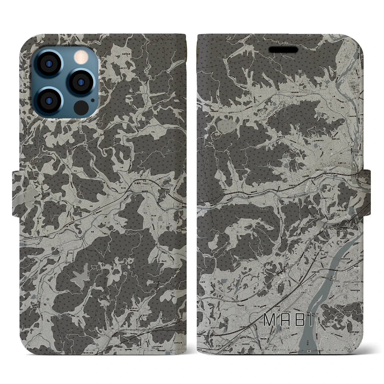 【真備(岡山県)】地図柄iPhoneケース(手帳タイプ)モノトーン・iPhone 12 / 12 Pro 用