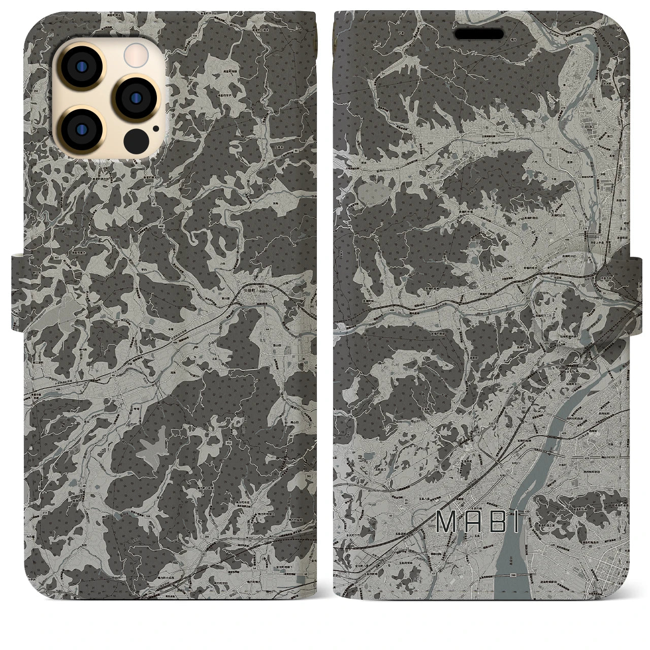 【真備(岡山県)】地図柄iPhoneケース(手帳タイプ)モノトーン・iPhone 12 Pro Max 用