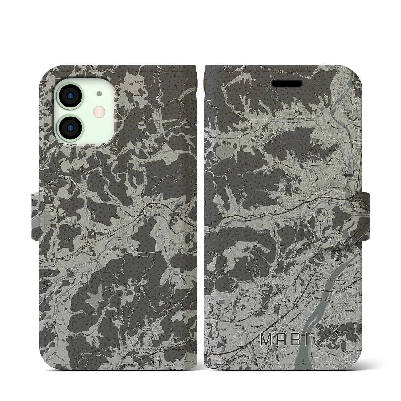 【真備(岡山県)】地図柄iPhoneケース(手帳タイプ)モノトーン・iPhone 12 mini 用