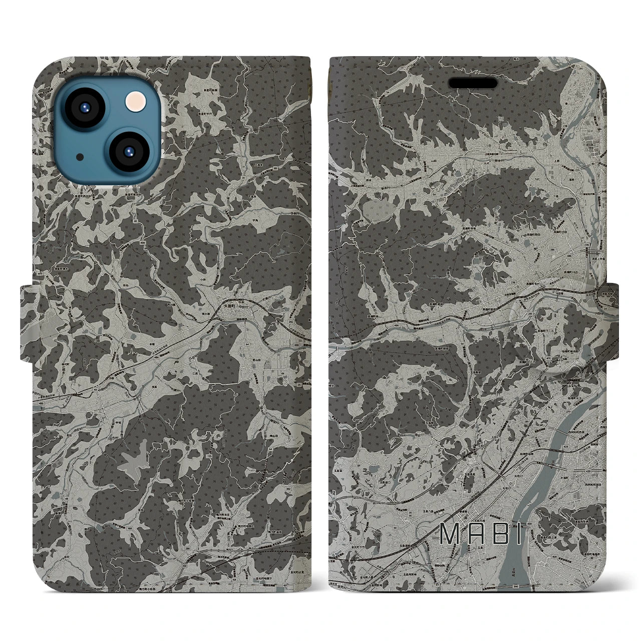 【真備(岡山県)】地図柄iPhoneケース(手帳タイプ)モノトーン・iPhone 13 用