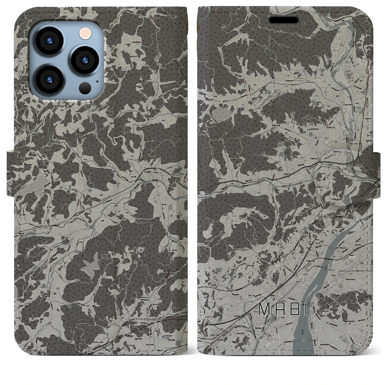 【真備(岡山県)】地図柄iPhoneケース(手帳タイプ)モノトーン・iPhone 13 Pro Max 用
