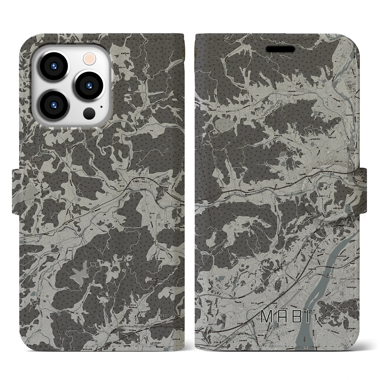 【真備(岡山県)】地図柄iPhoneケース(手帳タイプ)モノトーン・iPhone 13 Pro 用