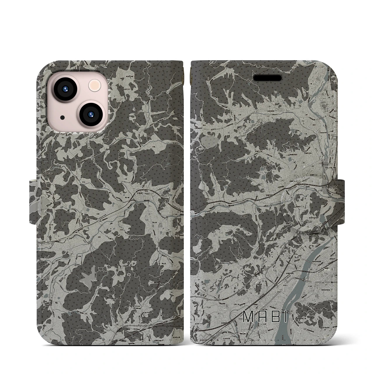 【真備(岡山県)】地図柄iPhoneケース(手帳タイプ)モノトーン・iPhone 13 mini 用