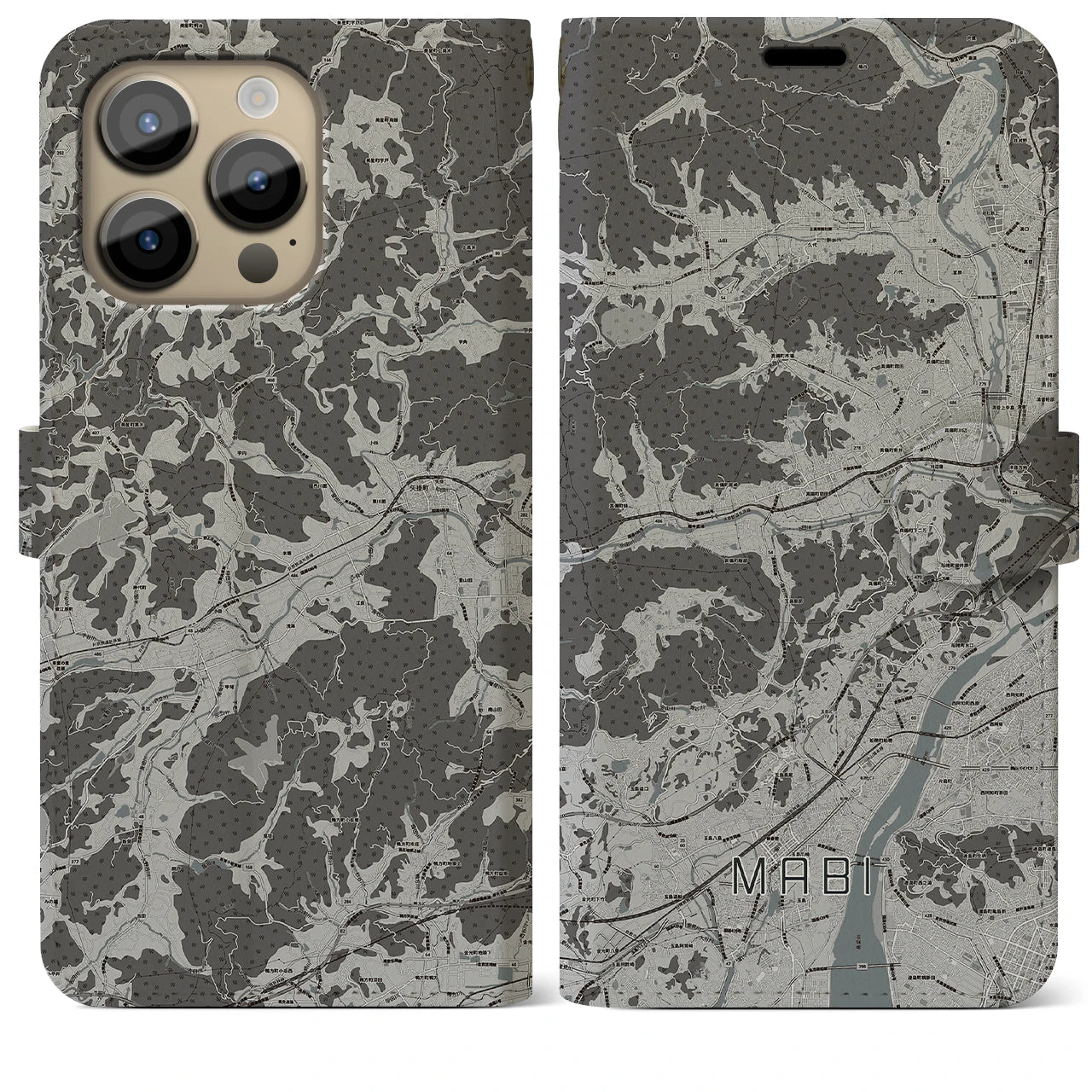 【真備(岡山県)】地図柄iPhoneケース(手帳タイプ)モノトーン・iPhone 14 Pro Max 用