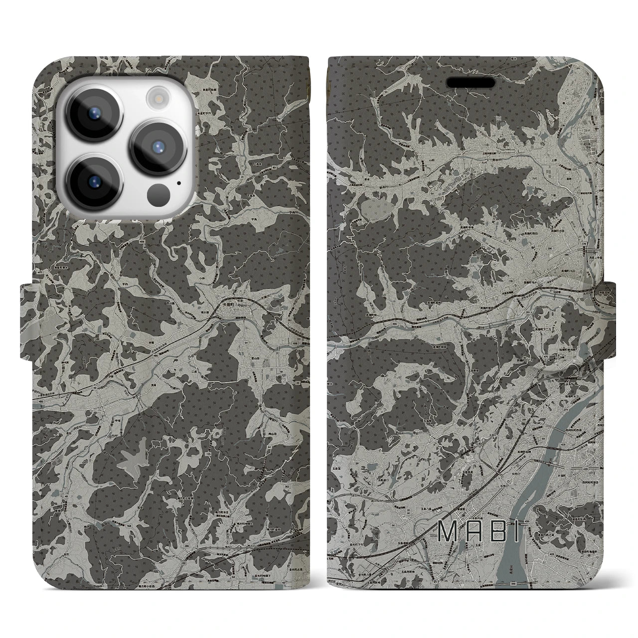 【真備(岡山県)】地図柄iPhoneケース(手帳タイプ)モノトーン・iPhone 14 Pro 用