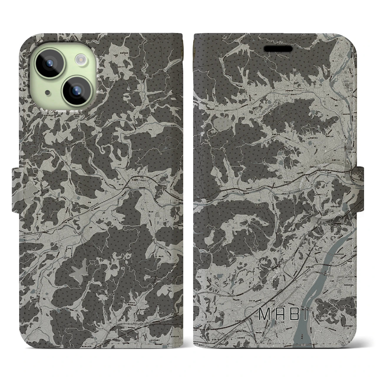 【真備(岡山県)】地図柄iPhoneケース(手帳タイプ)モノトーン・iPhone 15 用