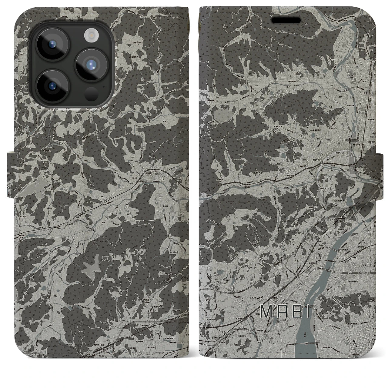 【真備(岡山県)】地図柄iPhoneケース(手帳タイプ)モノトーン・iPhone 15 Pro Max 用