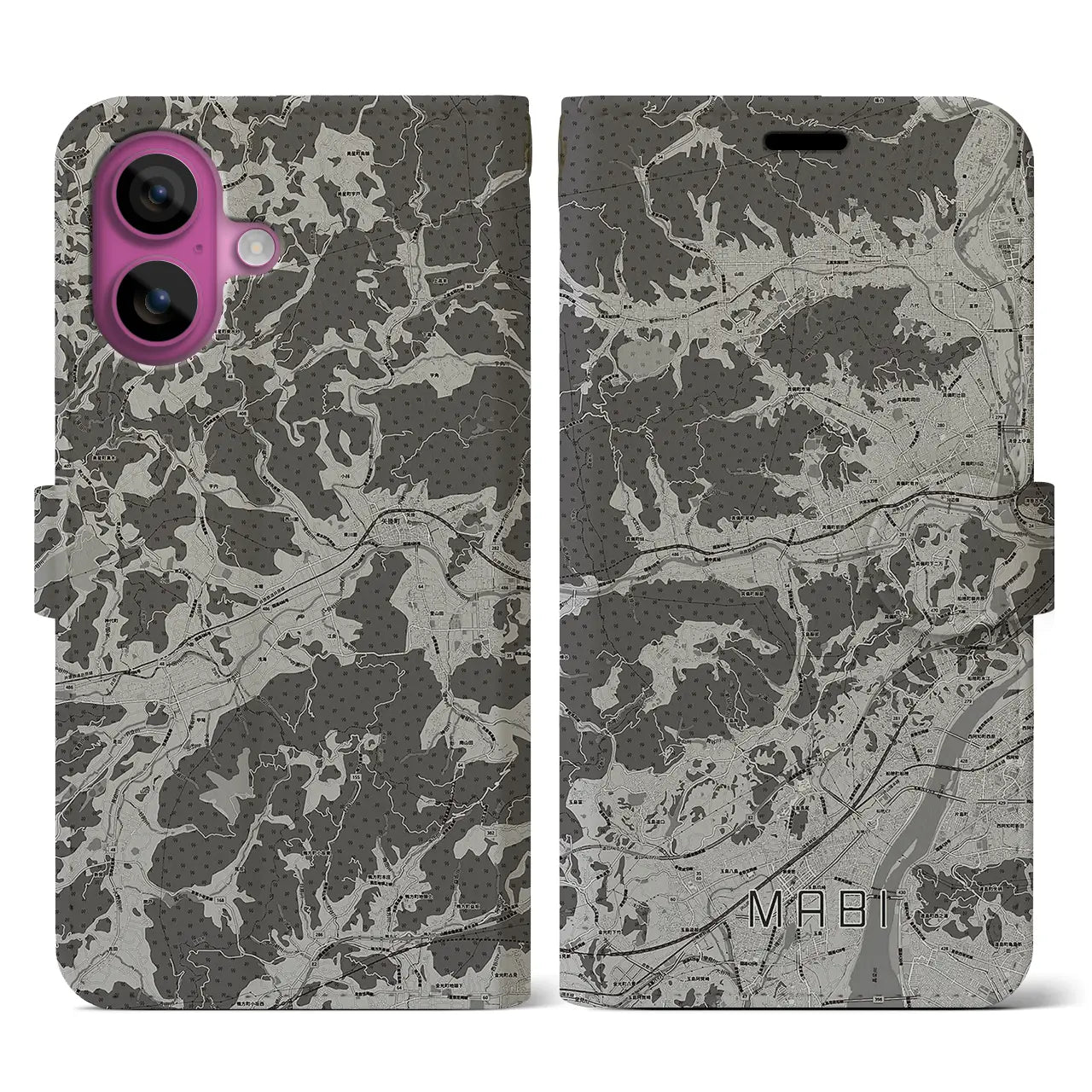 【真備(岡山県)】地図柄iPhoneケース(手帳タイプ)モノトーン・iPhone 16 Pro 用