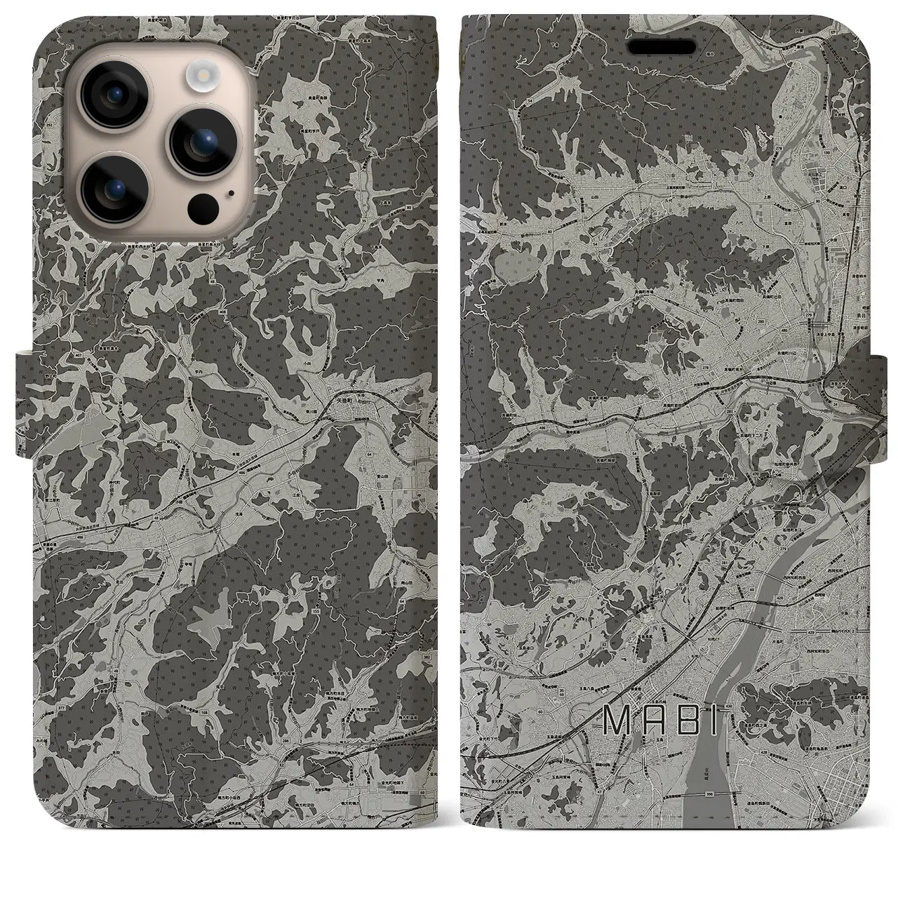 【真備(岡山県)】地図柄iPhoneケース(手帳タイプ)モノトーン・iPhone 16 Plus 用