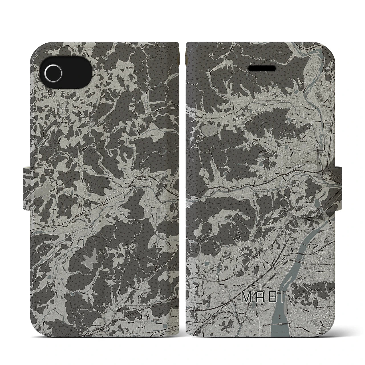 【真備(岡山県)】地図柄iPhoneケース(手帳タイプ)モノトーン・iPhone SE(第3 / 第2世代) / 8 / 7 / 6s / 6 用