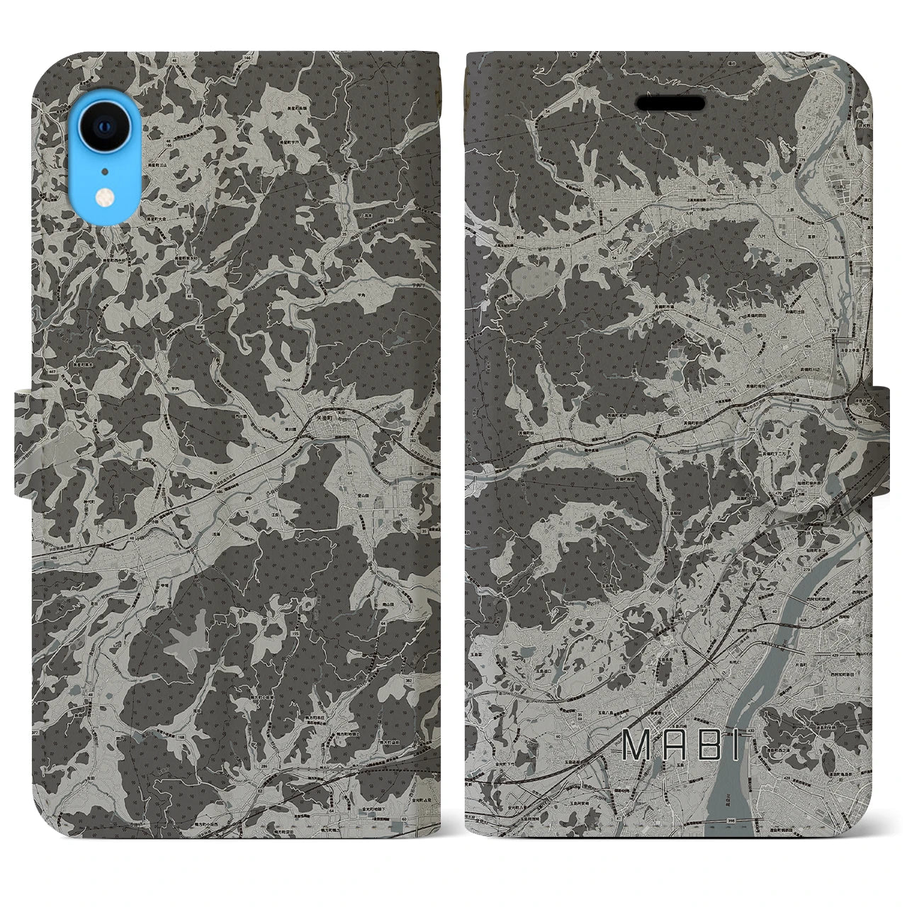 【真備(岡山県)】地図柄iPhoneケース(手帳タイプ)モノトーン・iPhone XR 用