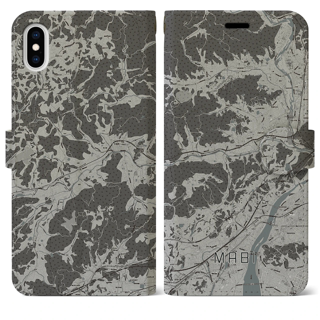 【真備(岡山県)】地図柄iPhoneケース(手帳タイプ)モノトーン・iPhone XS Max 用