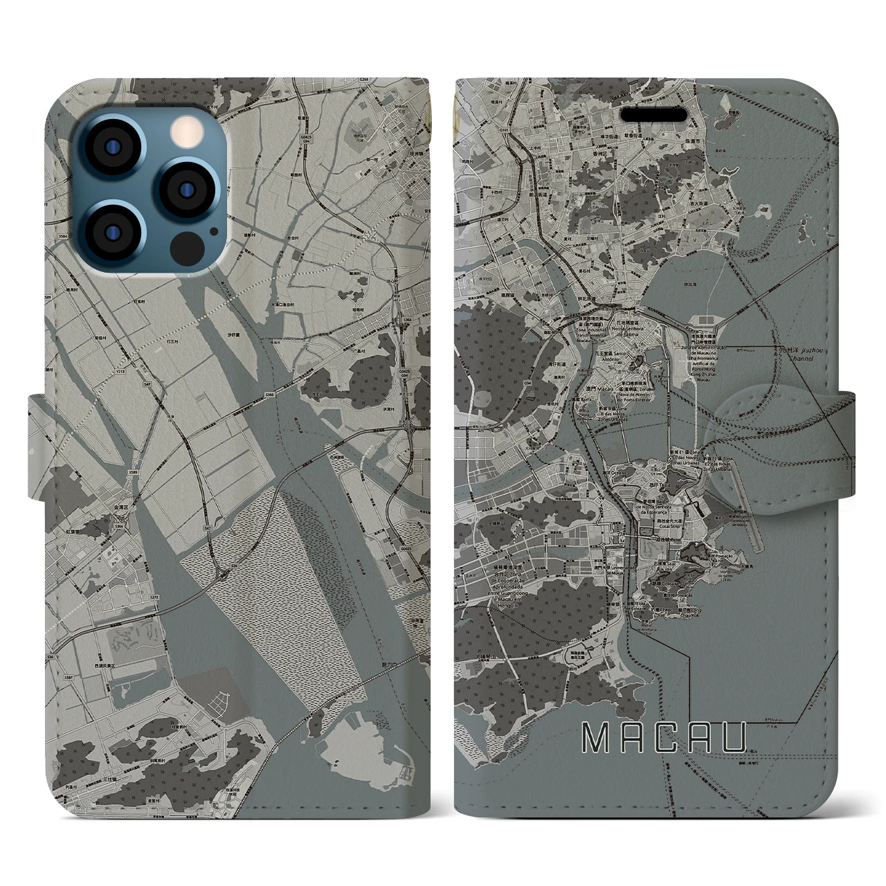 【マカオ(中華人民共和国)】地図柄iPhoneケース(手帳タイプ)モノトーン・iPhone 12 / 12 Pro 用