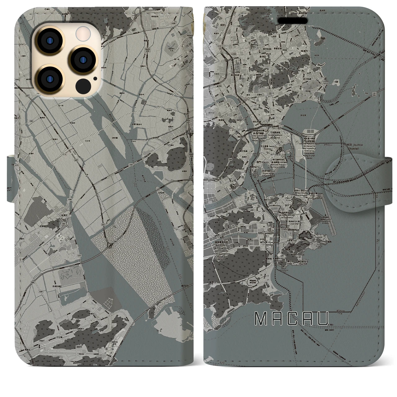 【マカオ(中華人民共和国)】地図柄iPhoneケース(手帳タイプ)モノトーン・iPhone 12 Pro Max 用