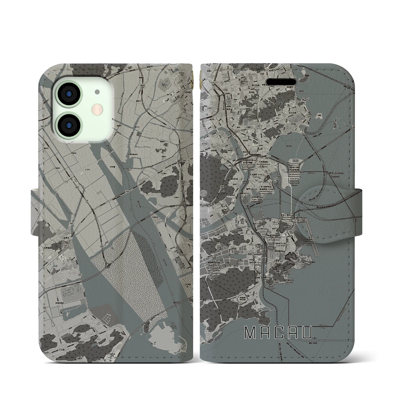 【マカオ(中華人民共和国)】地図柄iPhoneケース(手帳タイプ)モノトーン・iPhone 12 mini 用