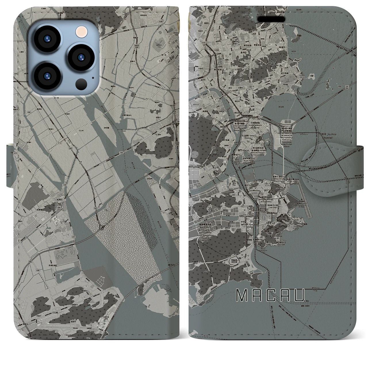 【マカオ(中華人民共和国)】地図柄iPhoneケース(手帳タイプ)モノトーン・iPhone 13 Pro Max 用