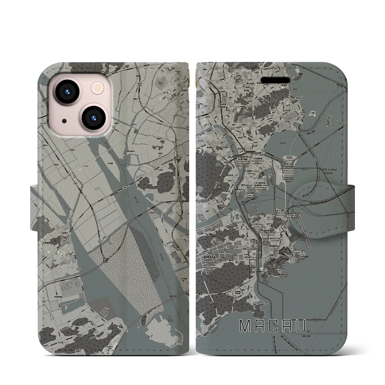 【マカオ(中華人民共和国)】地図柄iPhoneケース(手帳タイプ)モノトーン・iPhone 13 mini 用