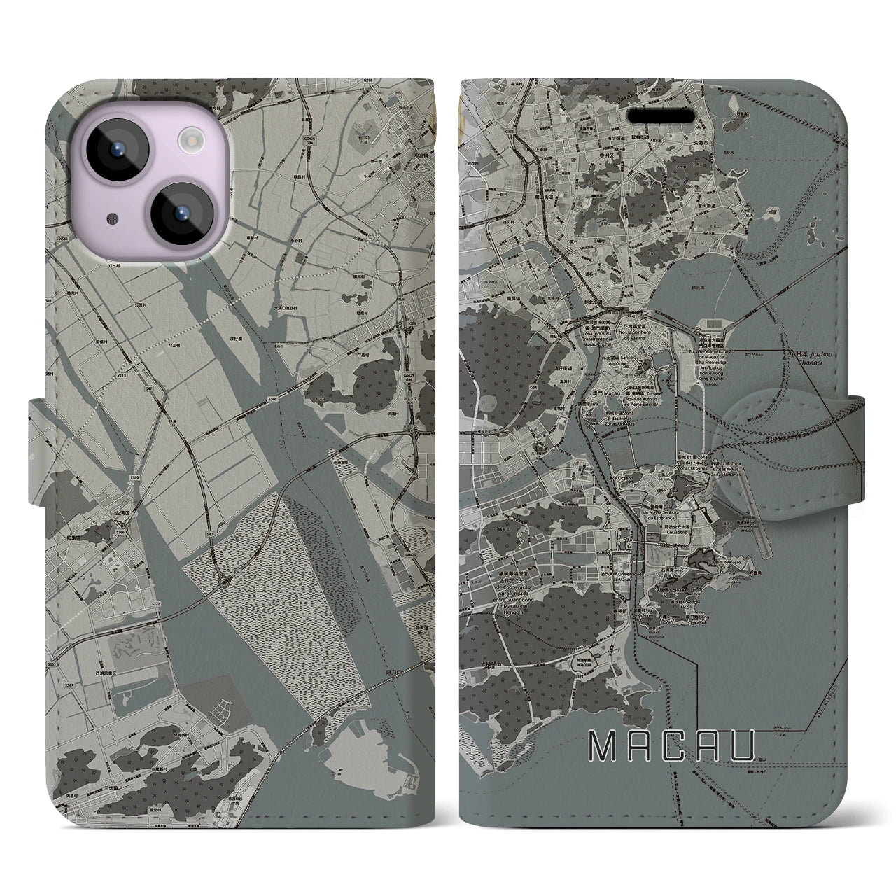 【マカオ(中華人民共和国)】地図柄iPhoneケース(手帳タイプ)モノトーン・iPhone 14 用
