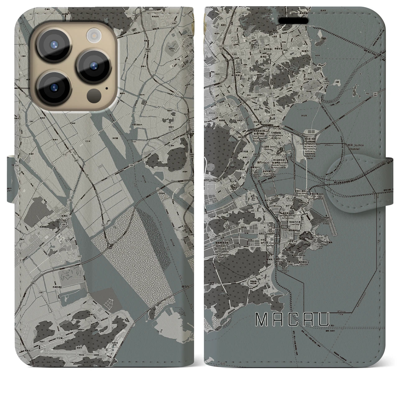【マカオ(中華人民共和国)】地図柄iPhoneケース(手帳タイプ)モノトーン・iPhone 14 Pro Max 用