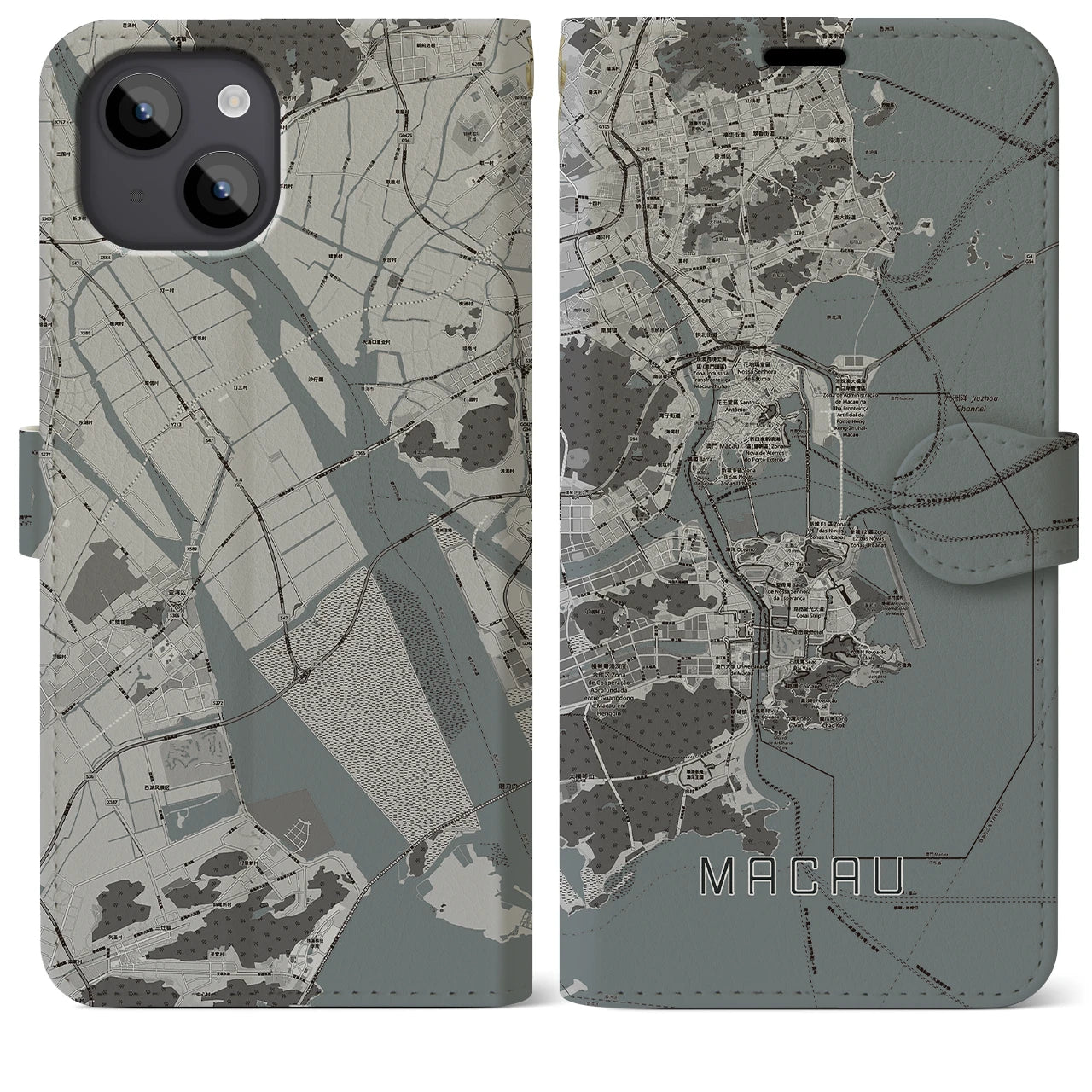 【マカオ(中華人民共和国)】地図柄iPhoneケース(手帳タイプ)モノトーン・iPhone 14 Plus 用