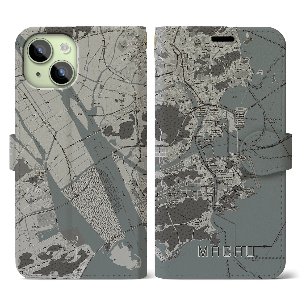 【マカオ(中華人民共和国)】地図柄iPhoneケース(手帳タイプ)モノトーン・iPhone 15 用
