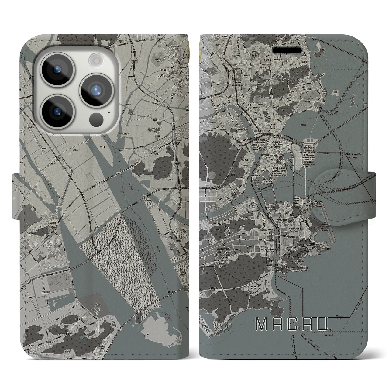 【マカオ(中華人民共和国)】地図柄iPhoneケース(手帳タイプ)モノトーン・iPhone 15 Pro 用