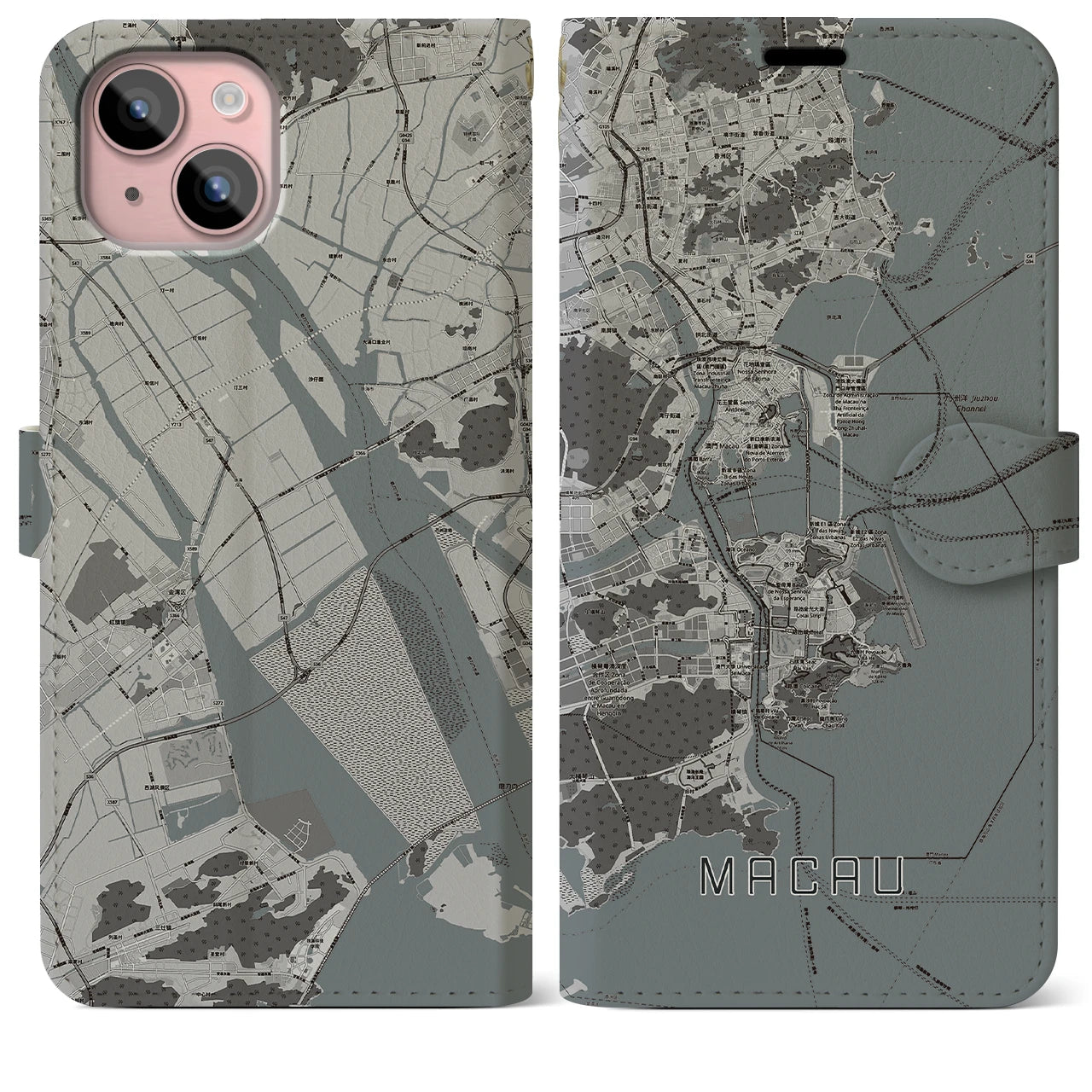 【マカオ(中華人民共和国)】地図柄iPhoneケース(手帳タイプ)モノトーン・iPhone 15 Plus 用