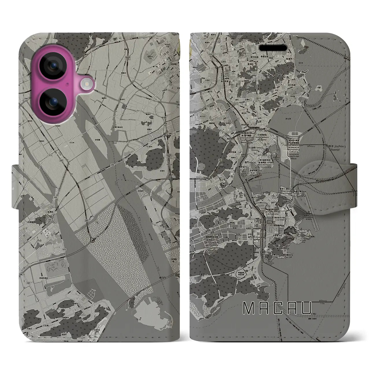【マカオ(中華人民共和国)】地図柄iPhoneケース(手帳タイプ)モノトーン・iPhone 16 Pro 用
