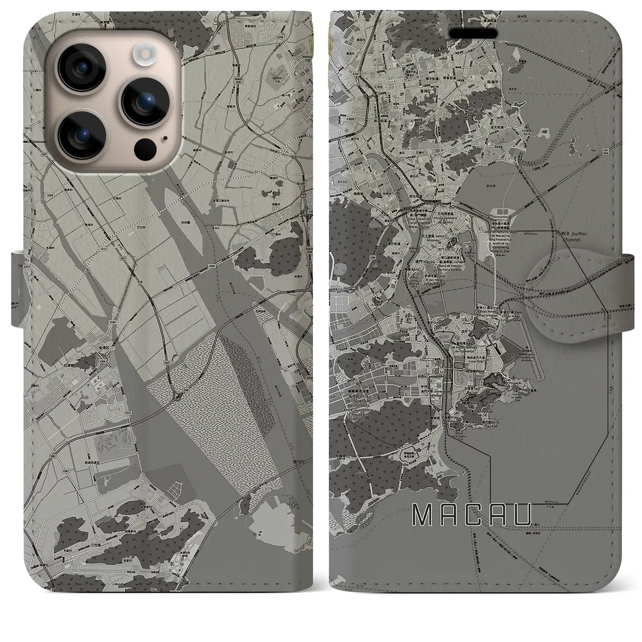 【マカオ(中華人民共和国)】地図柄iPhoneケース(手帳タイプ)モノトーン・iPhone 16 Plus 用