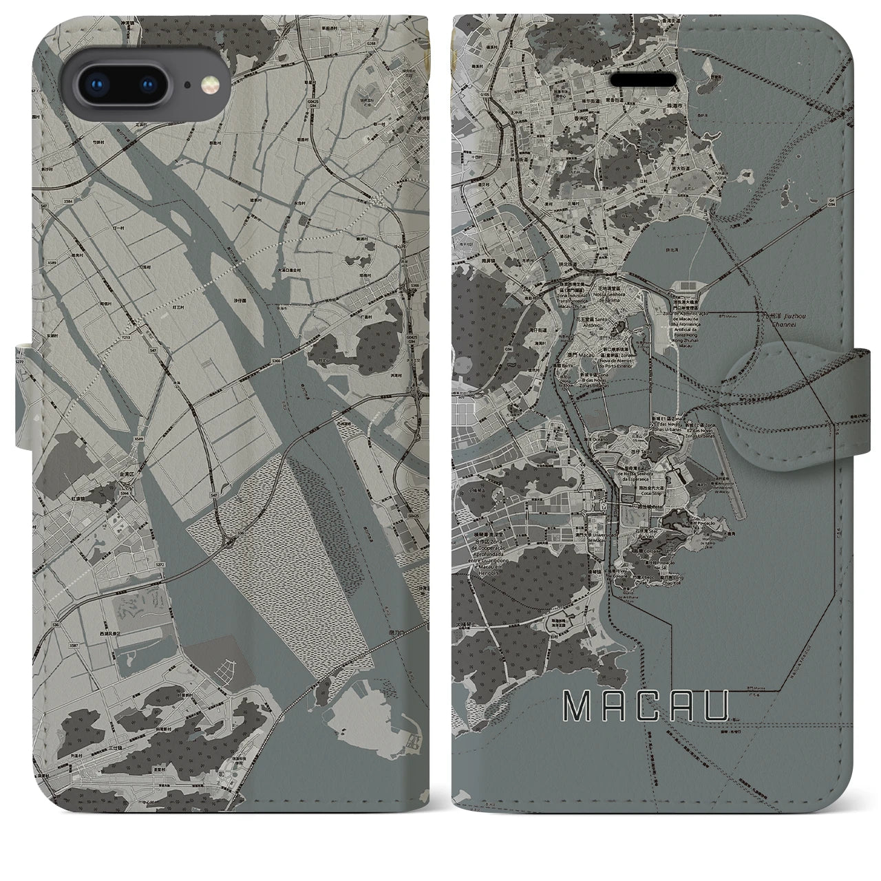 【マカオ(中華人民共和国)】地図柄iPhoneケース(手帳タイプ)モノトーン・iPhone 8Plus /7Plus / 6sPlus / 6Plus 用